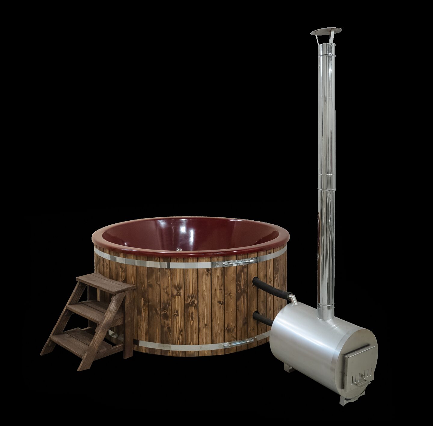 Hot Tub LUNA aus Holz mit Treppe und externem Ofen