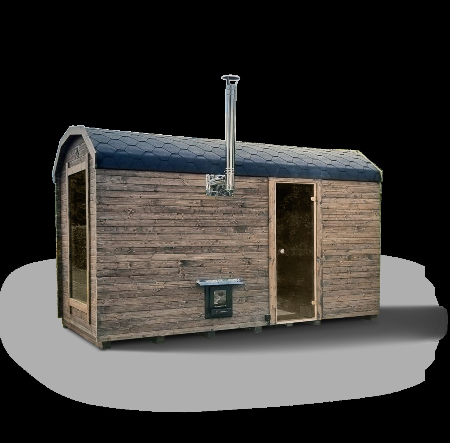 Feuerbad CERES wooden sauna with a glass door, a large window at the front and a chimney pipe on the roof