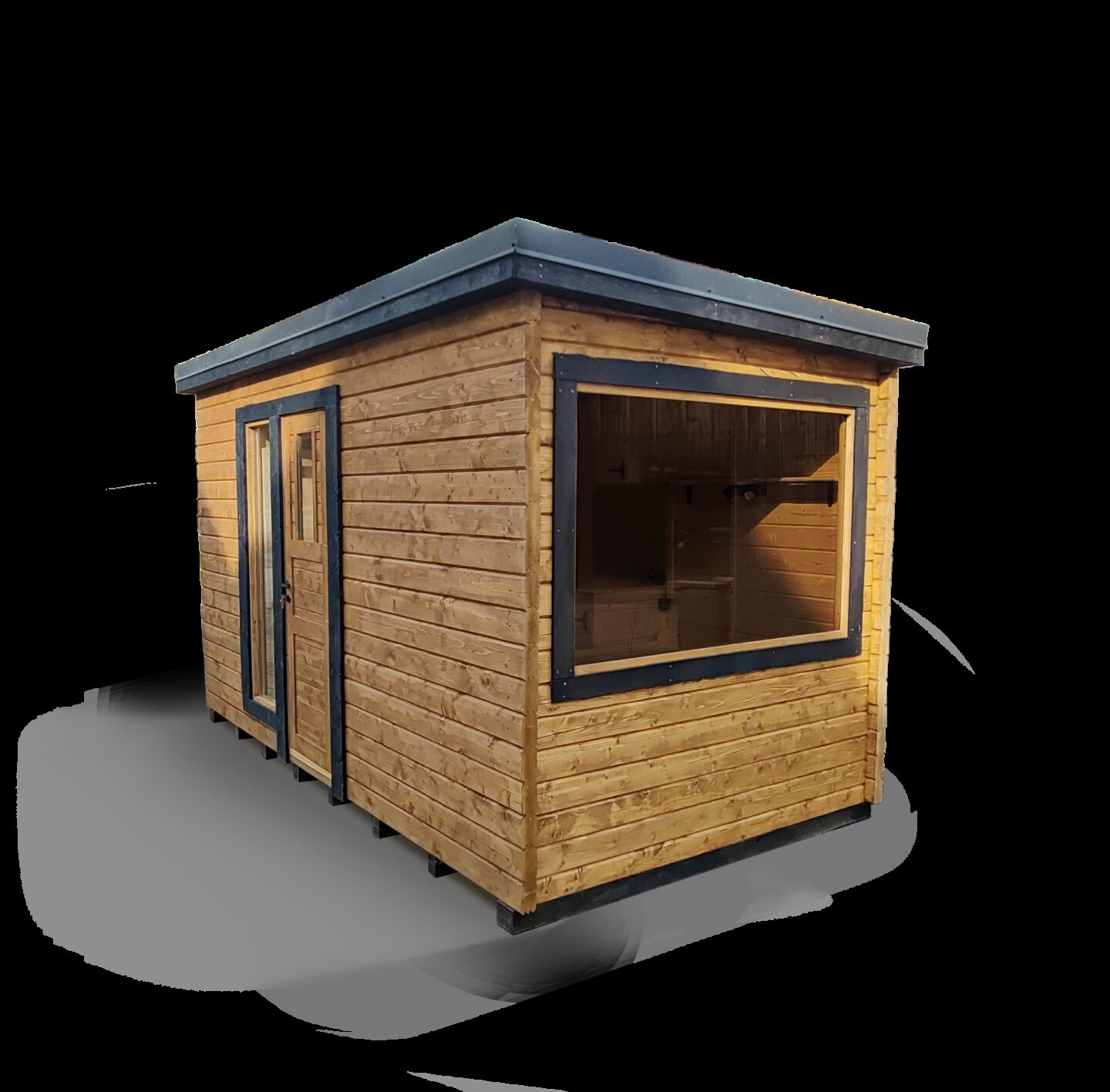 Feuerbad Tiny House DELUXE made of wood, featuring a large window front and a side entrance door