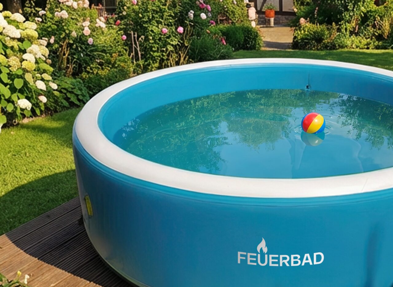Außenansicht eines runden, aufblasbaren Pools von Feuerbad mit blauer Außenwand und klarem Wasser, platziert auf einer Holzterrasse in einem gepflegten Garten mit Rasen, Blumenbeeten und einem Fachwerkhaus im Hintergrund.